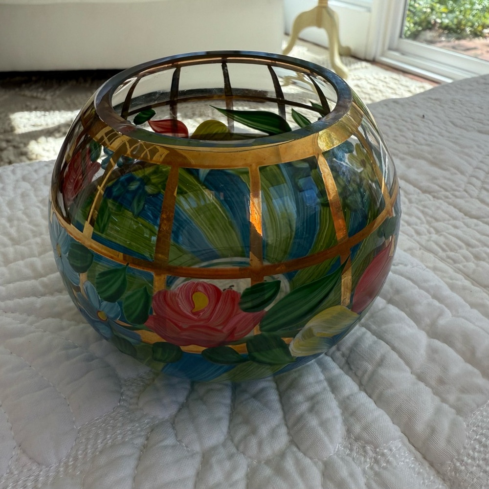 MacKenzie-Childs NWT Blue and Green Striped Glass flowered Bowl from Saks